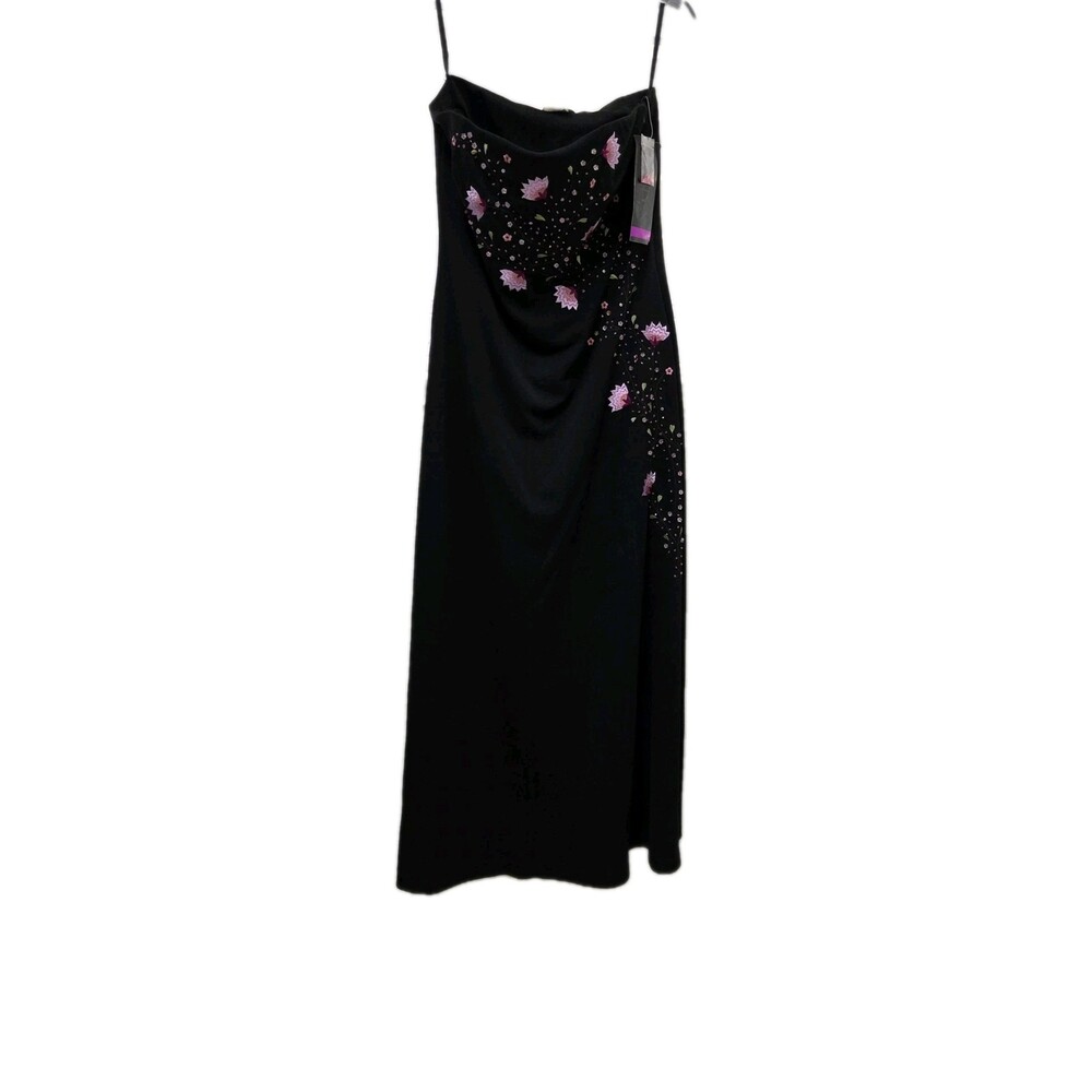 Onyx Nite Dress Women Size 10 Black Floral Embroidered Maxi Spaghetti Strap...